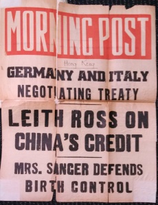 A poster advertising the Hong Kong Morning Post's coverage of Sanger's 1936 appearance.  From Edith How-Martyn's scrapook (MSPP)